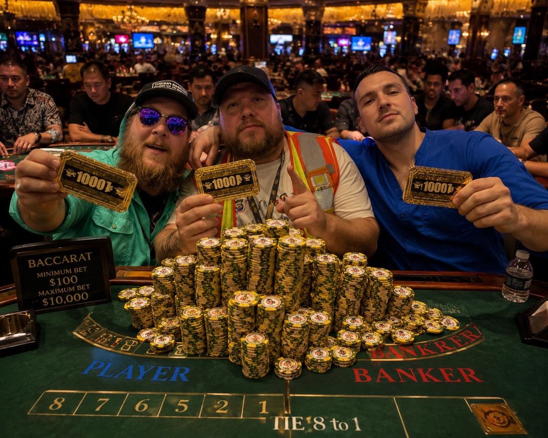 Baccarat Royale players holding winning plaques at a baccarat table